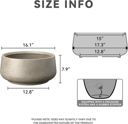 Kante 16.1" Dia Round Curvy Concrete Planter, Large Plant Pots with Drainage Hole and Rubber Plug for Indoor Outdoor Plants, Flower Pot for Home Garden Patio Porch, Weathered Concrete
