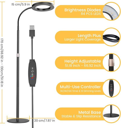 Grow Light Plant Light for Indoor Plants, Full Spectrum Grow Lamp with Pedestal Stand, Automatic Timer for 3H/9H/12H, 10 Dimmable Levels, Height Adjustable 51-67in Black