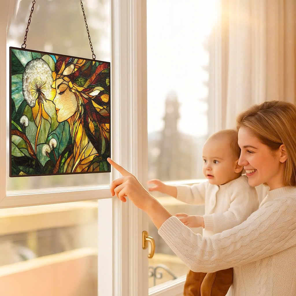 Rectangle Art Nouveau Dandelion Forest Fairy Stained Glass Window Hanging Window Suncatcher Glass Panel with Metal Chain Sun Catchers Wall Art Home Decor Gift for Women Mother's Day