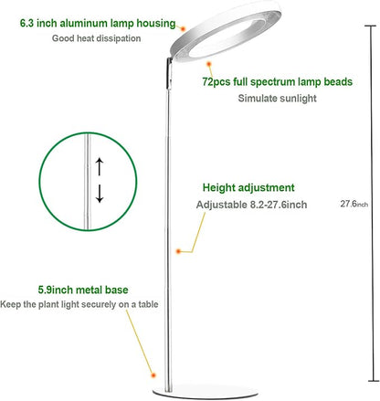 yadoker 72 LEDs Full Spectrum Plant Grow Light for Indoor Plants，Height Adjustable, 6.3" Aluminum Housing,Automatic Timer with 8/12/16 Hours,10-Level Brightness,Ideal for Small and Medium Plant Grow