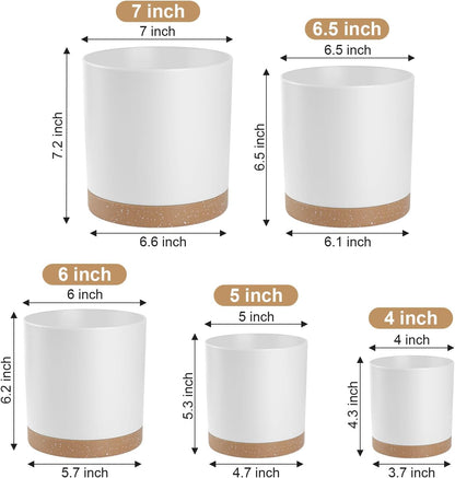 Plant Pots with Drainage Holes and Saucers – 7, 6.5, 6, 5, 4 Inch Plastic Planters for Indoor Outdoor Plants, Modern Matte Finish, Lightweight & Durable（White