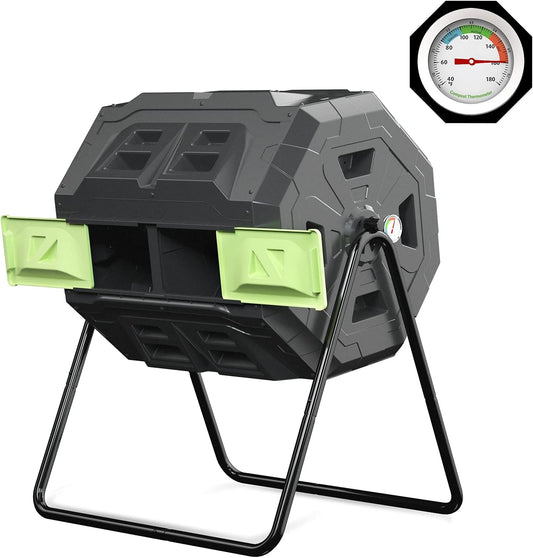 SQUEEZE master Large Compost Tumbler Bin - Outdoor Garden Rotating with Thermometer -Automatic
