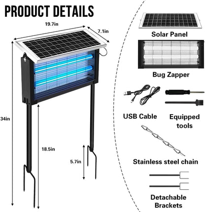 Solar Bug Zapper 4000V - Waterproof, Portable, Rechargeable Ultimate Mosquito Killer for Patio, Yard, Garden & Camping | Electric Insect Trap with Powerful 4000V Grid (Black)