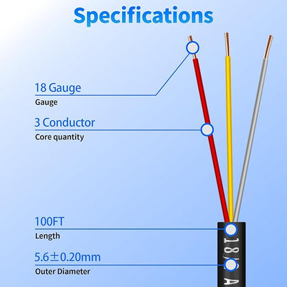 18/3 Solid Sprinkler System Wire 100ft, 18 Gauge Irrigation Wires PVC Jacket Sprinkler Cable for Underground Irrigation Valves Field Central Control System