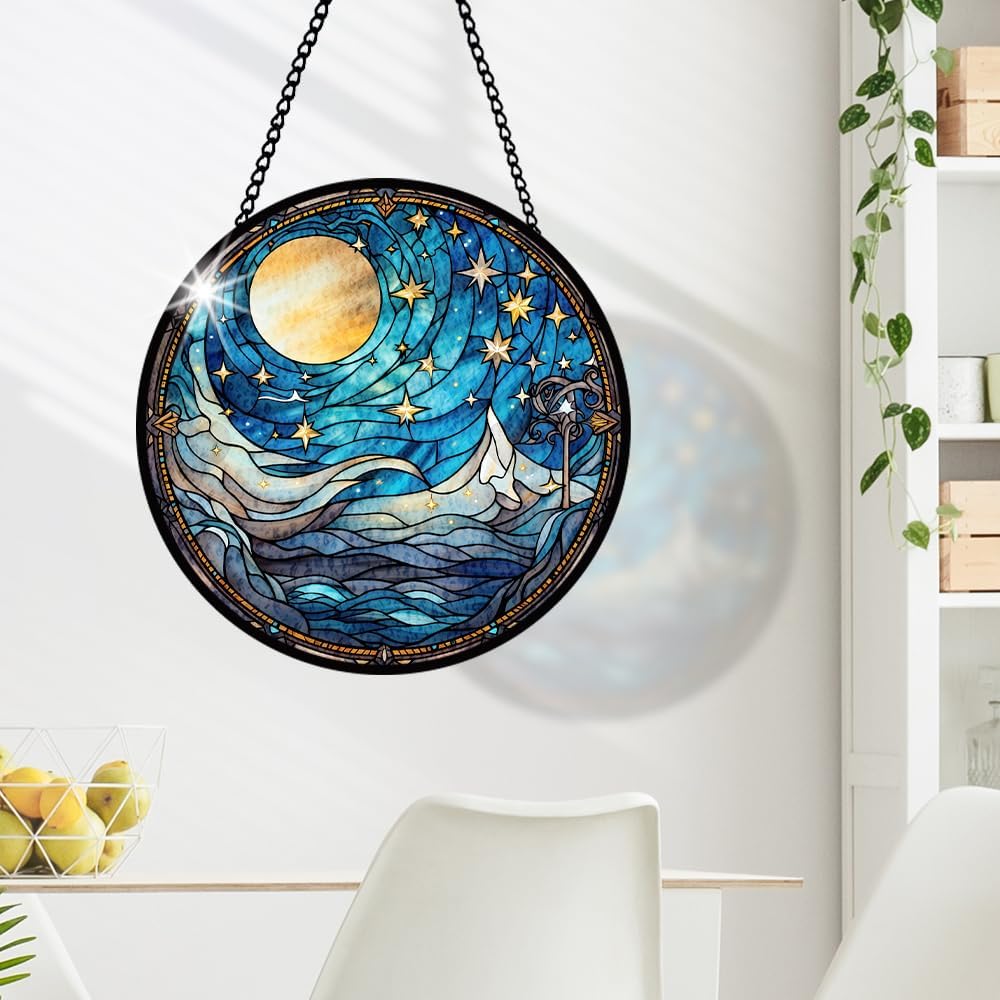 Moonlight Stained Glass Window Hanging, Stars Suncatcher Panel for Indoor Outdoor Decor, Lunar Night Glass Ornament for Wall, Balcony, Porch Decor, Hanging Ornament Gifts for Birthday Housewarming
