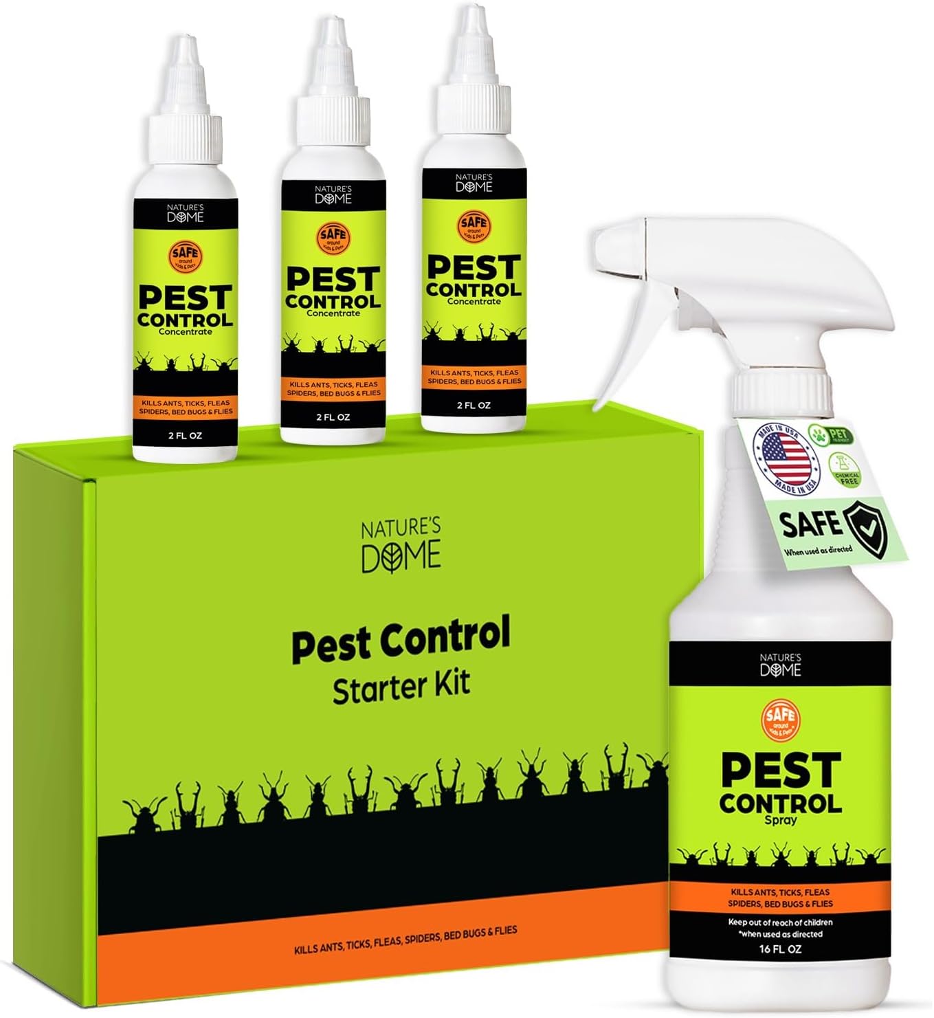Nature's Dome Pest Control Starter Kit – Makes 3 Bottles (16 oz Each) – Eco-Friendly, Plant-Based Formula for Ant, Roach, Spider, Fly, Flea & Insect Control – Child & Pet Safe for Indoor/Outdoor Use