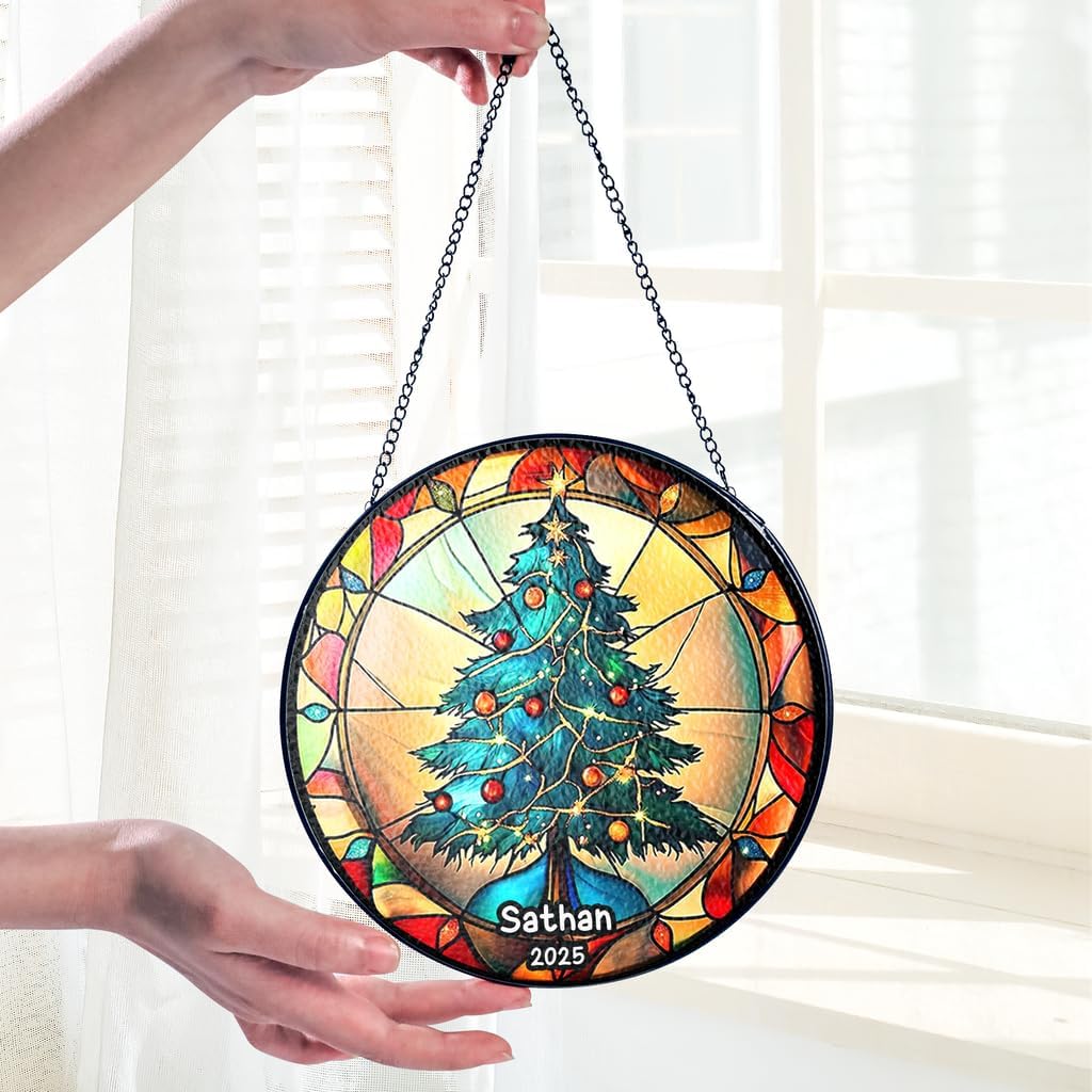 Personalized Stained Glass Christmas Tree Suncatcher, Christmas Handcraft Holiday Ornament with Name and Number, Gift for Family or Friend, Gift for Décor