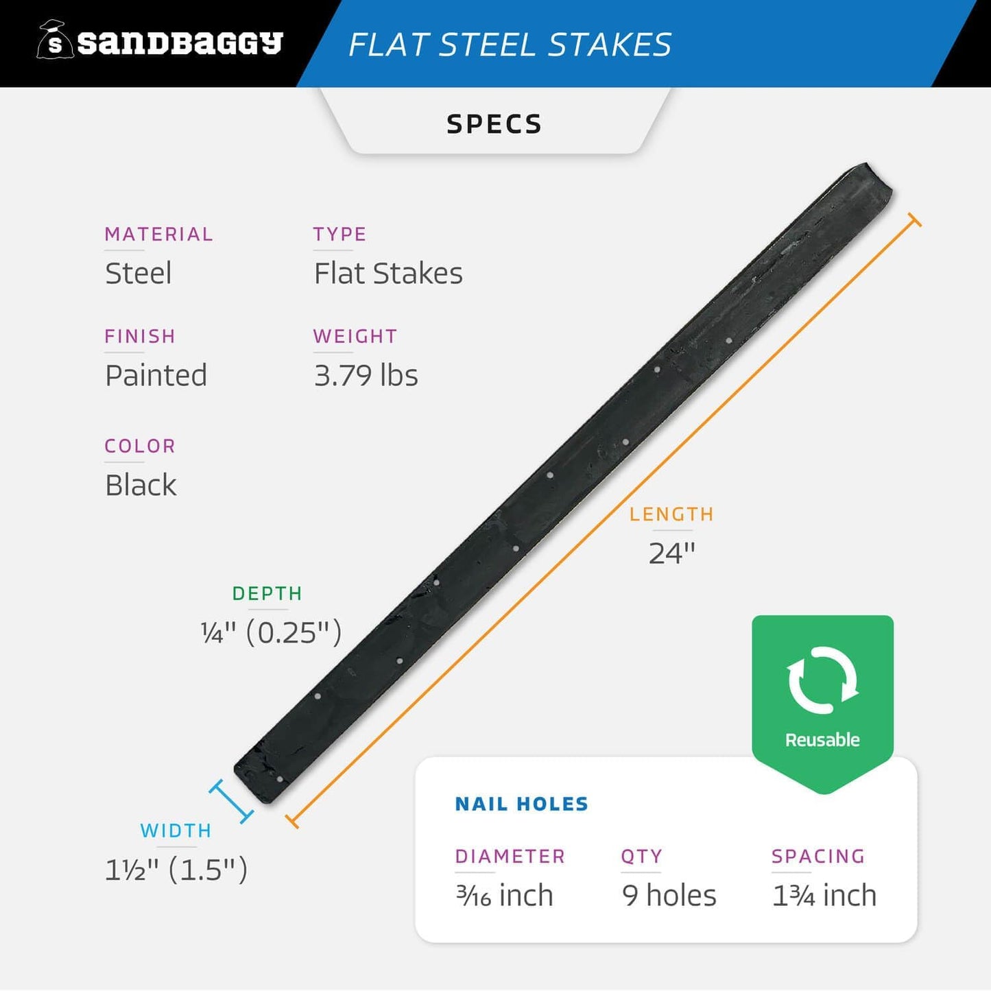 Sandbaggy Flat Steel Stakes for Concrete Forms with Nail Holes - 1.5" Wide - Painted - Removable, Reusable, V Point End - Construction Grade Stakes (30, 24 inch)