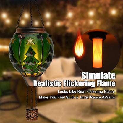 Solar Powered Hot Air Balloon Lantern - Christmas Tree Glass Lantern, Simulated Flickering & Dancing Flame, Outdoor Hanging Yard Light Waterproof IP65 for Patio Lawn Porch New Year Decor Gift