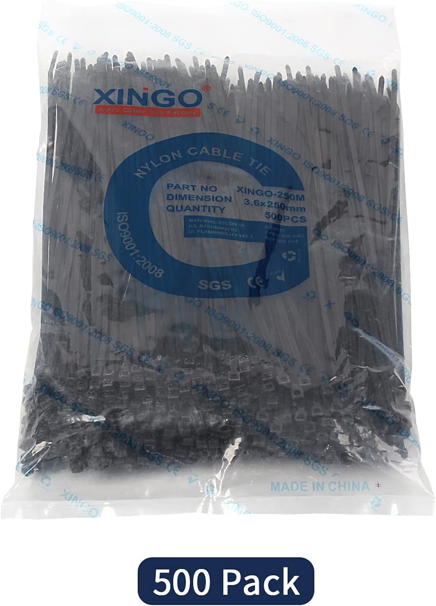 XINGO 10 Inch Cable Zip Ties (500 Pack), 40 Lbs Tensile Strength-Heavy Duty, Self-Locking Nylon Plastic Nylon Wire Ties for indoor and outdoor (Black)