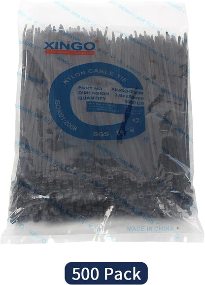 XINGO 10 Inch Cable Zip Ties (500 Pack), 40 Lbs Tensile Strength-Heavy Duty, Self-Locking Nylon Plastic Nylon Wire Ties for indoor and outdoor (Black)