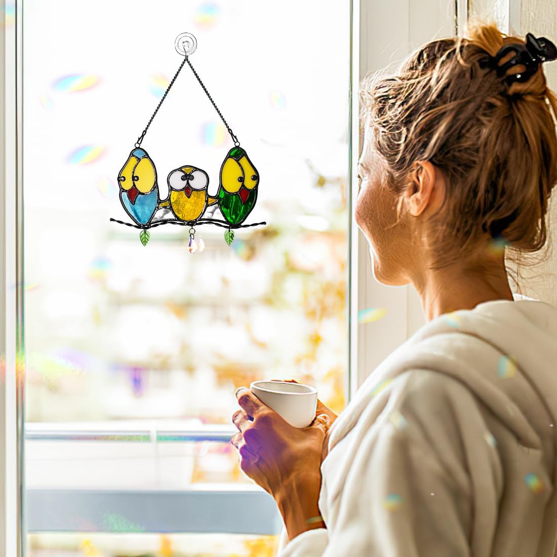 Multicolor Owl Decor Stained Glass Window Hanging,Best Bird Gifts for Owl Lovers Women,Bird Suncatcher for Window Home Decoration,Birthday Gifts for Lover and Friend