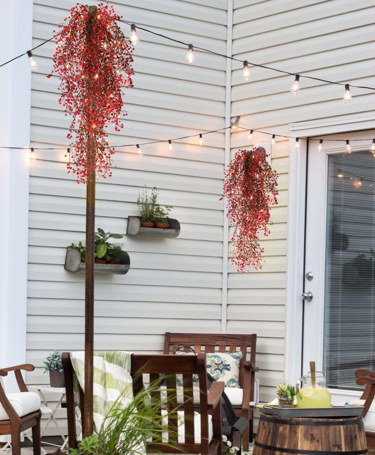 RECUTMS Artificial Hanging Fern Lighted with 30 LED Fake Hanging Ivy Vines Plastic Faux Greenery Plants for Home Wall Bedroom Garden Wedding Outside Decor Pack of 4 (Red)