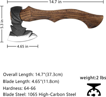 14.7" Hatchet, Camping Hatchets with 1065 Carbon Steel & Wooden Handle, Bushcraft Hatchet with Leather Sheath and Sharpener, Survival Axe for Wood Chopping, Cutting and Splitting