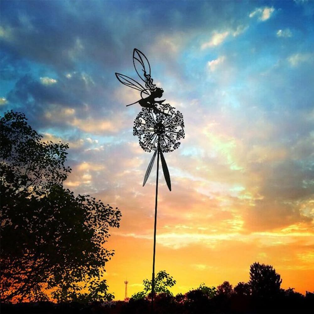 Flower Fairy Dancing with Dandelion Garden Art Sculpture Stainless Steel Statue Christmas Halloween Decoration for Outdoor Yard Courtyard Lawn Patio Metal Ornaments (Hurdle)