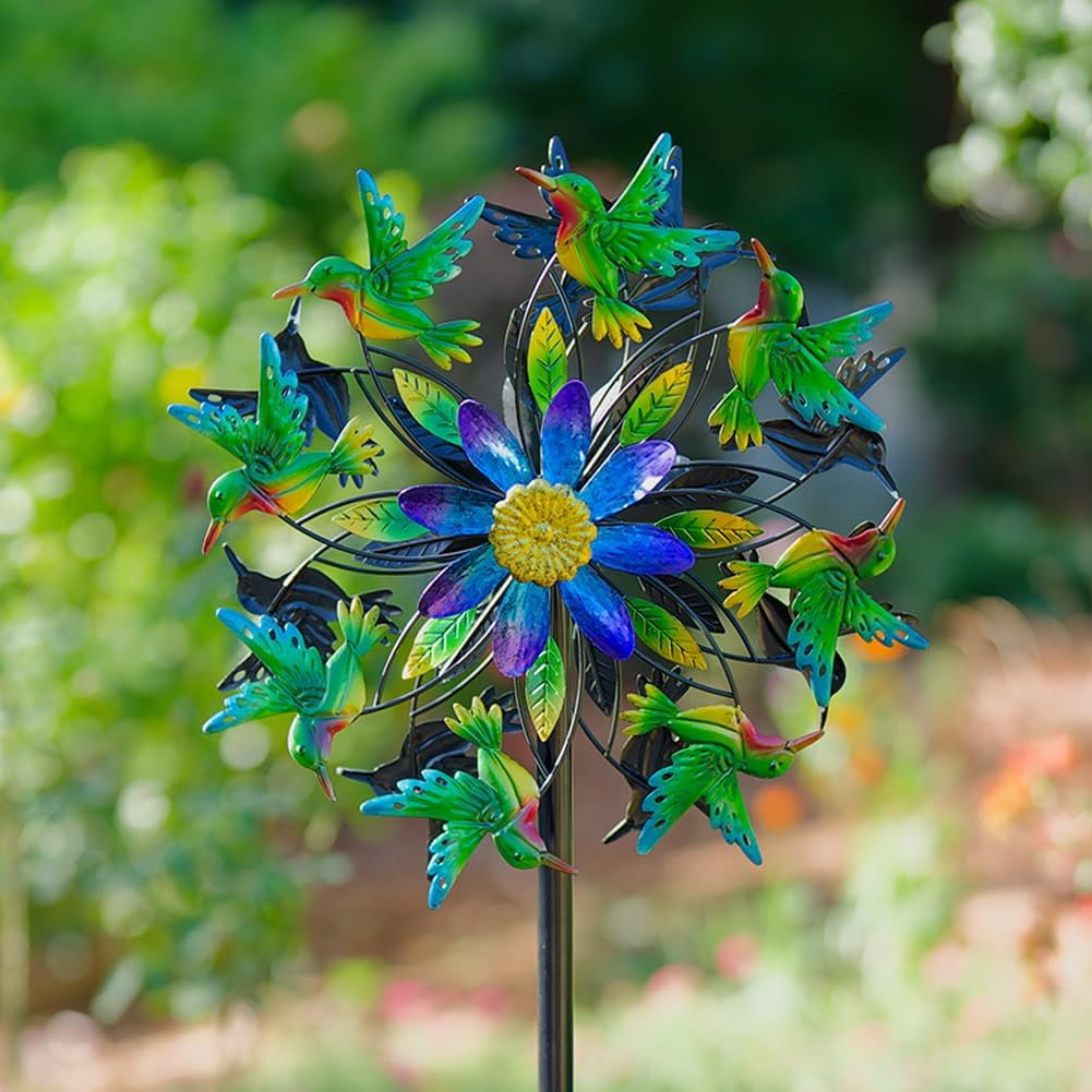 Hummingbird Wind Spinner, Metal Outdoor Wind Sculptures & Spinners, 68.5 Inch Double Windmill Spinner for Yard Lawn Garden Decor