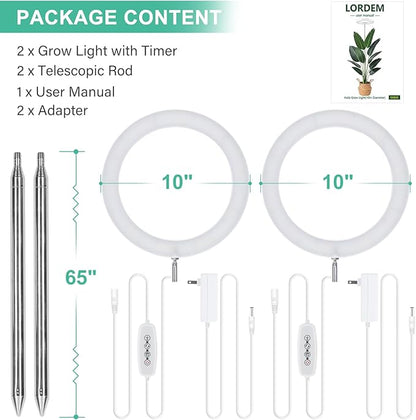 LORDEM 10" Grow Light for Indoor Plants, Full Spectrum Plant Lamp with160 LEDs, 4H/8H/12H Timer, 10 Dimmable Levels, 3 Spectrum Modes, Height Adjustable 65", Ideal for Large Tall Plants, Pack of 2