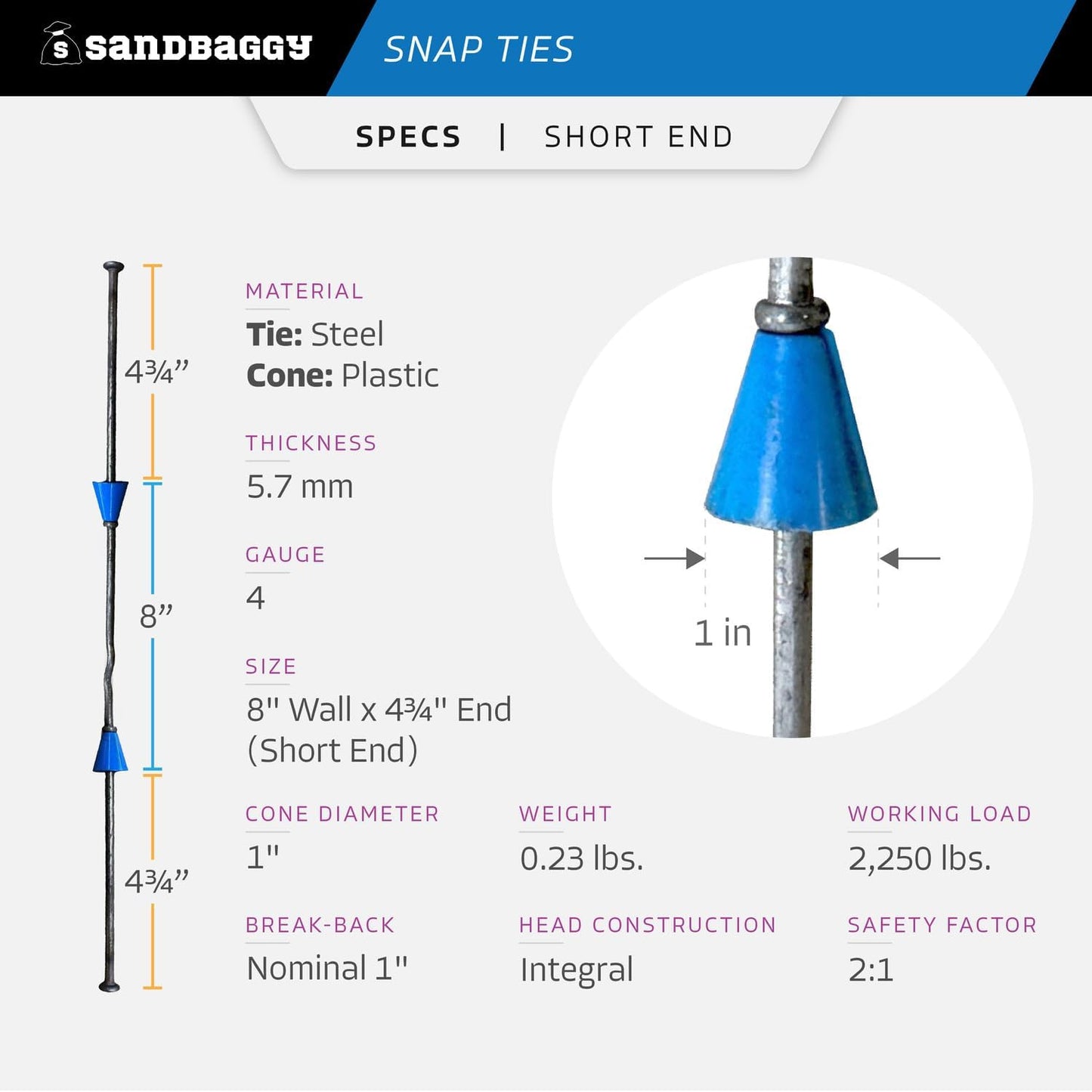 8" Standard Snap Ties for Concrete Forms - 1" Plastic Cones, Integral Heads - 2:1 Safety Factor, 2,250 lbs Working Load - Construction Grade 4 Gauge Steel (Short End - 4.75", 800)