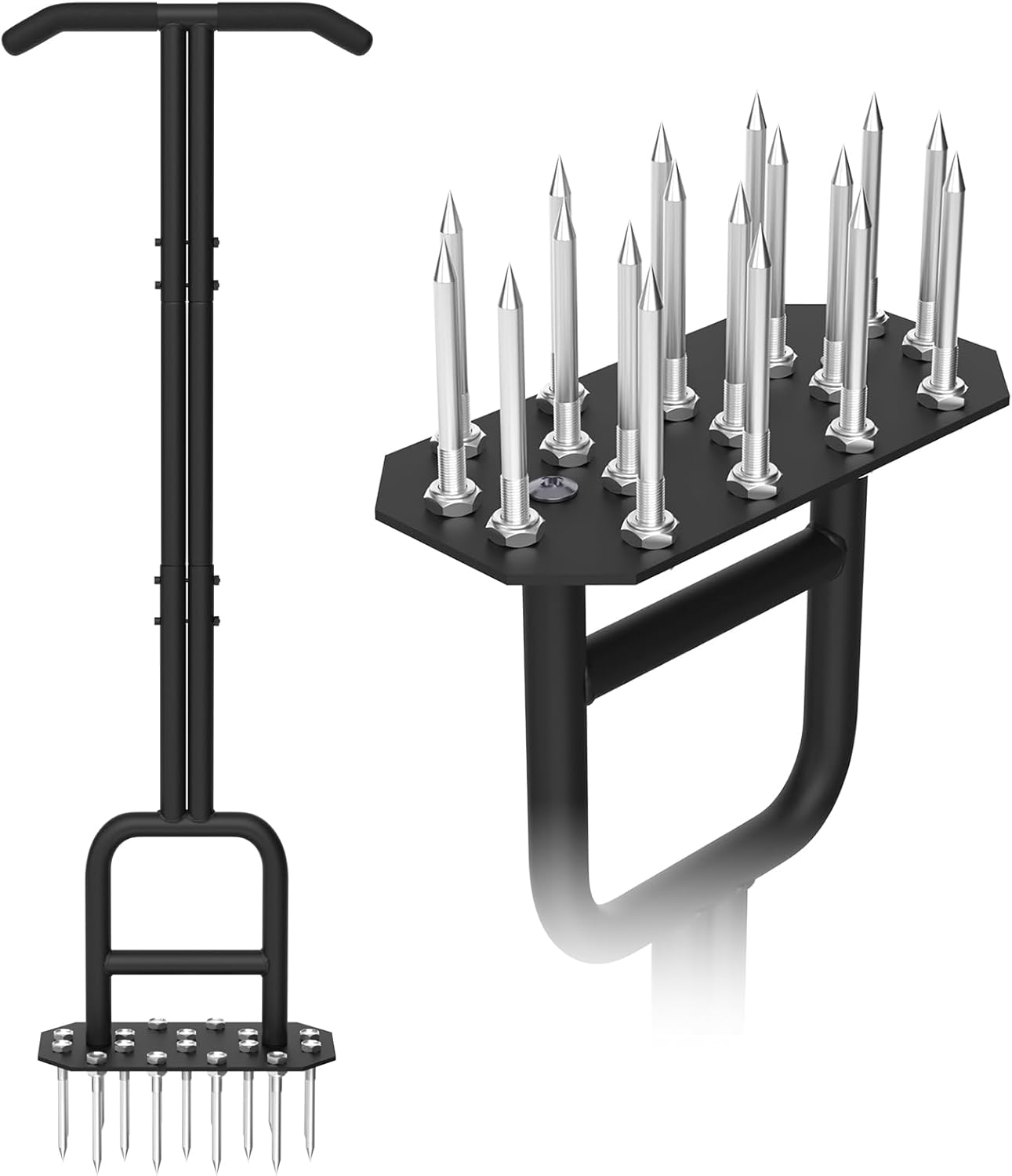 Lawn Aerator Spike Aeration Tool, Manual Air Aerator Tool for Lawn with Iron 18 Spikes, 38.8 Inch Hand Aerator for Grass, Yard, Heavy Duty Lawn Aerating Tool with Double-Pipe Handle, T-Grip, Black