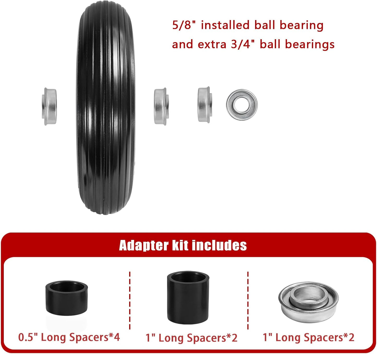 14.5" Wheelbarrow Tires Fits 3.50/2.50-8, 4.00-6, 4.00-8, 4.80/4.00-8 Flat Free Tire with 3" - 6" Centered Hub, 3/4" or 5/8" Bushing, Universal Replacement Wheelbarrow Wheels, 1 Pack