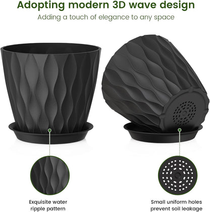 7 inch Plant Pots for Indoor Outdoor Plants, 5 Pack Thick Flower Pots with Drainage Holes and Saucers, 3D Modern Wave Texture Plastic Planter Pots for House Plants, Black