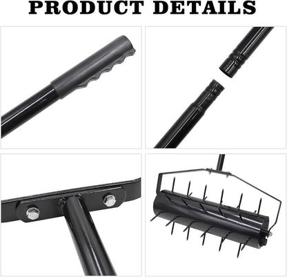 18 Inch Heavy Duty Rolling Lawn Aerator, Adjustable Weight Manual Roller Lawn Aerator Tool with Pre-Welded Spike, Hand Roller Soil Aerator for Garden Yard Lawn Grass Care with 49 Inch Steel Handle