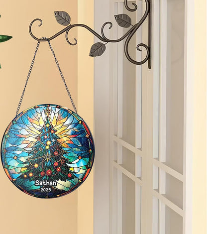 Personalized Stained Glass Christmas Tree Suncatcher, Christmas Handcraft Holiday Ornament with Name and Number, Gift for Family or Friend, Gift for Décor