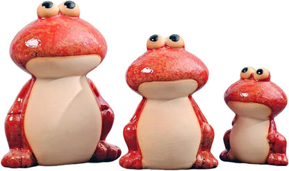 Frog Statues for Garden, Ceramic Frog Garden Decor for Outside, Cute Outdoor Yard Decorations Set of 3, Yard Decorations Gifts for Women, Mom, Grandma, Family and Friends(Red)