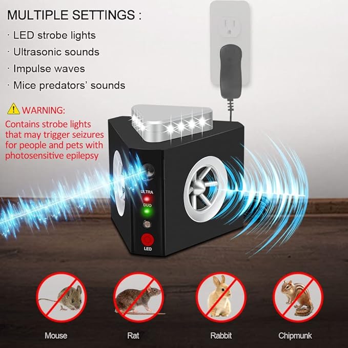 Rodent Repellent Ultrasonic Plug-in Indoor Mouse Repellent Rat Mice Deterrent Ultrasonic Pest Repeller with 12 Strobe Lights and 4 Sounds Mode for RV Garage Attic