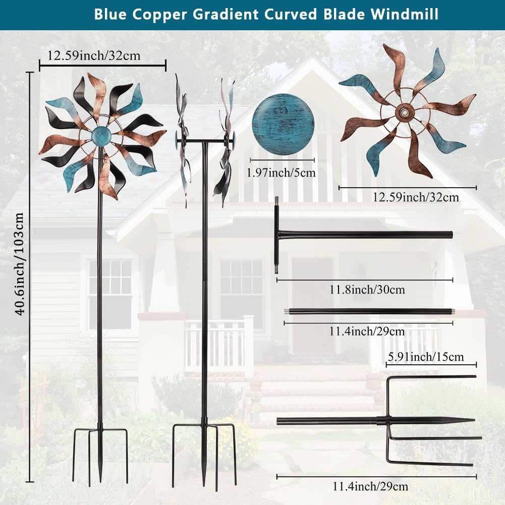 Wind Spinner Outdoor, 13 Inch Dia Kinetic Wind Sculptures & Spinners, 41" Tall Metal Windmill for Garden Yard Decor, Copper Blue