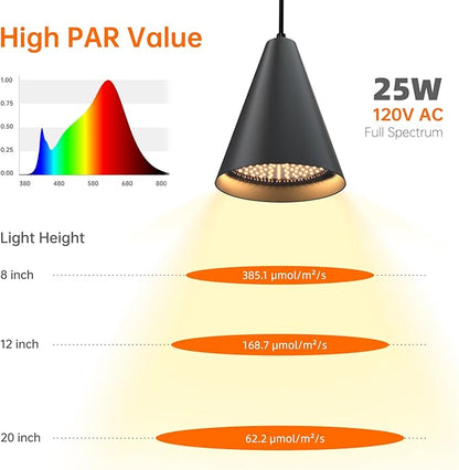 Bstrip Hanging Grow Lights, Full Spectrum Hanging Plant Lights for Indoor Plants, 25W Black Grow Light Bulbs with 16.4FT Power Cord, 3000K Grow Light for Indoor Plant with Timer for Garden, Flowers