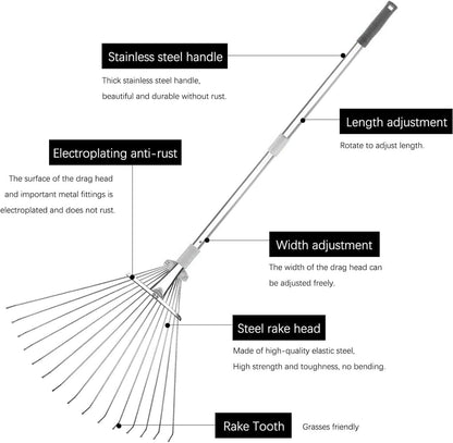 Buyplus Adjustable Garden Leaf Rake - 24 to 63 Inch Telescopic Metal Expandable Folding Leaves Rake, Metal Rakes for Leaves, Yard Rakes for Lawn Yard, Flowers Beds, Sliver