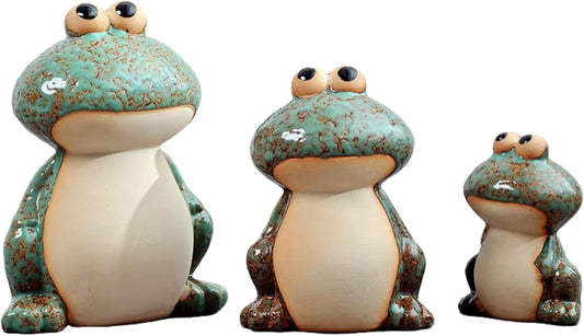 Frog Statues for Garden, Ceramic Frog Garden Decor for Outside, Cute Outdoor Yard Decorations Set of 3, Yard Decorations Gifts for Women, Mom, Grandma, Family and Friends (Green)
