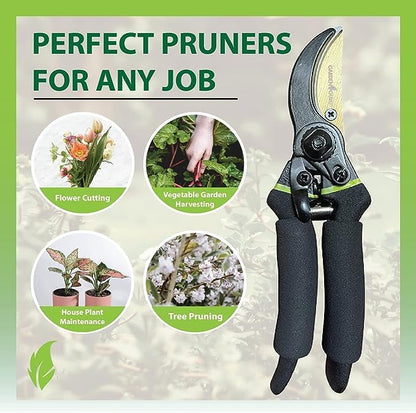 Garden Guru Soft Grip Garden Pruning Shears Scissors Clippers Hardened Titanium Blades Comfort Grips Heavy Duty Bypass Hand Pruners Branch Cutters for Gardening Trimming Bushes Flowers Plants (4 Pack)