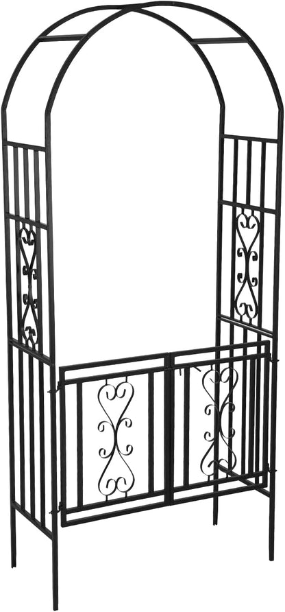 Heavy-Duty Arch with Gate, Iron Arbor Trellis Arbor Archway for Climbing Plants Roses Vines Support Rack, Outdoor Lawn Backyard Patio Wedding Party Ceremony Decoration