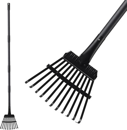 Small Rake for Leaves, 11 Metal Tines Narrow Leaf Rake, 60'' Leaf Rakes for Lawns with Adjustable Steel Handle for Camping Flower Beds Mulch Shrub, Black