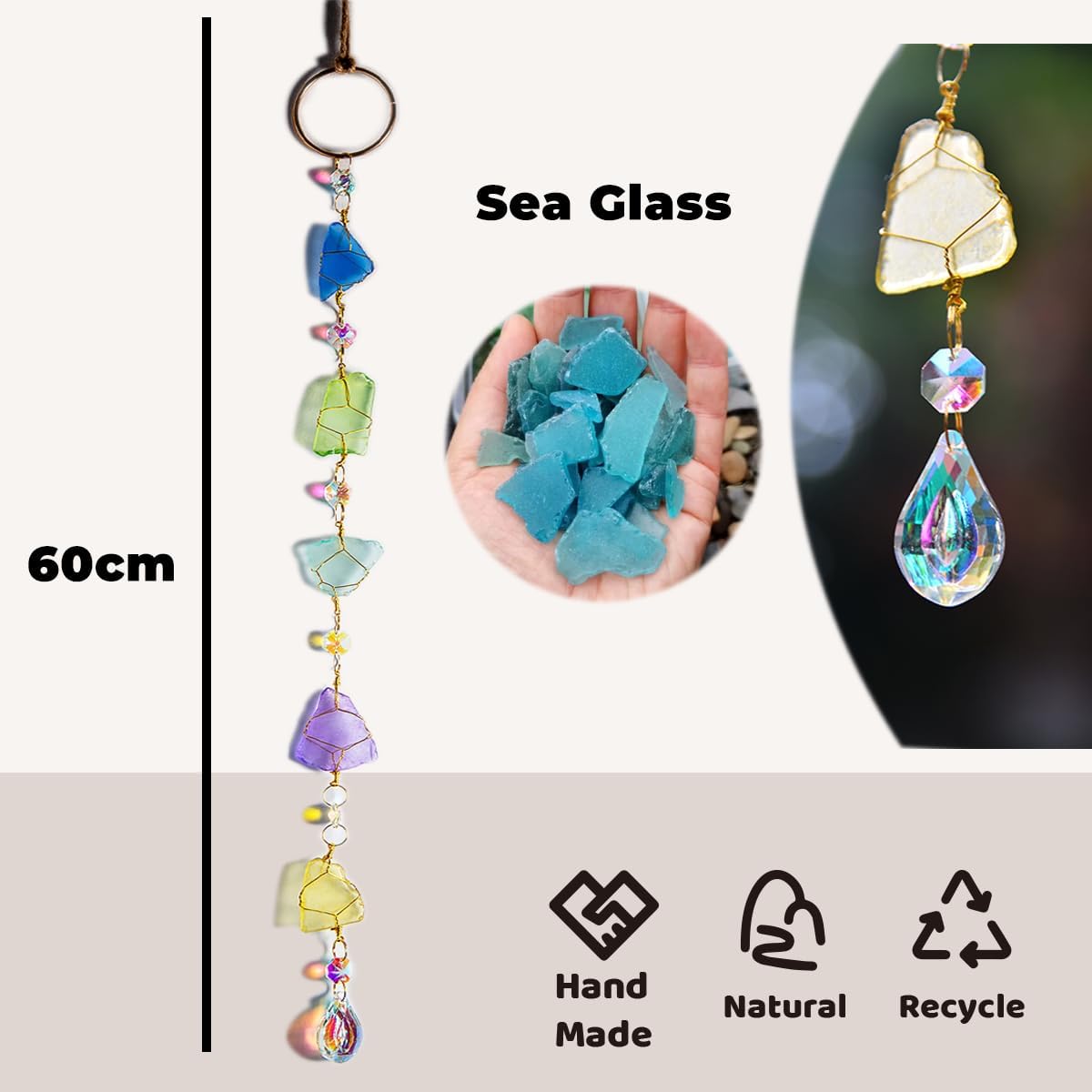 Suncatchers Sea Glass Wall Hanging Handcrafted Blue Seaglass Hanger Ocean Decor Garden Sun Catchers with Sea Glass Rainbow Maker Indoor Outdoor Decor Handmade
