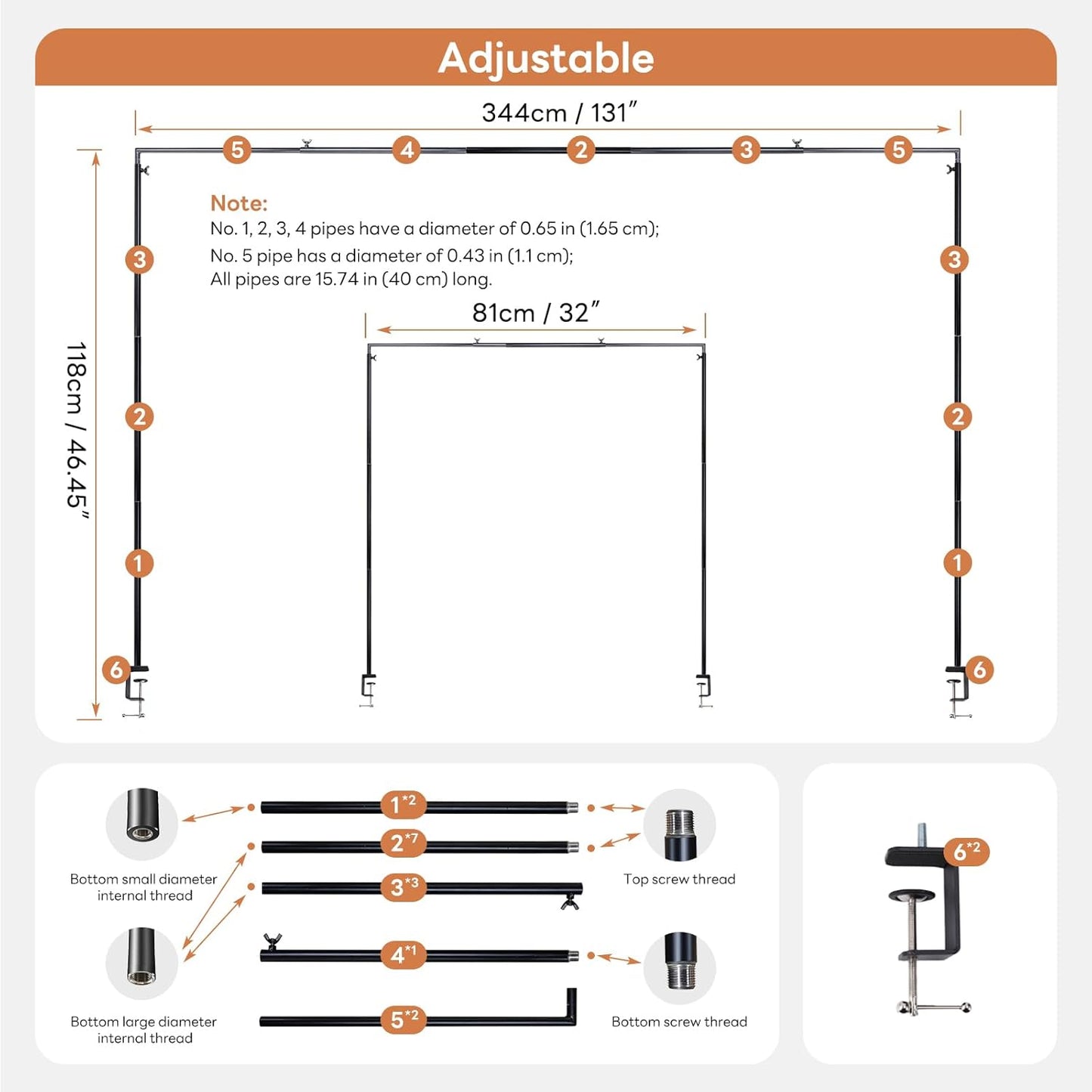 Over The Table Rod Stand with Clamps, Adjustable 32''-79'' Tall 32"-131" Length, Black Table Arch Stand Metal Balloon Frame Hanging Rod for Weddings Birthdays Party Garden Arbors Decoration