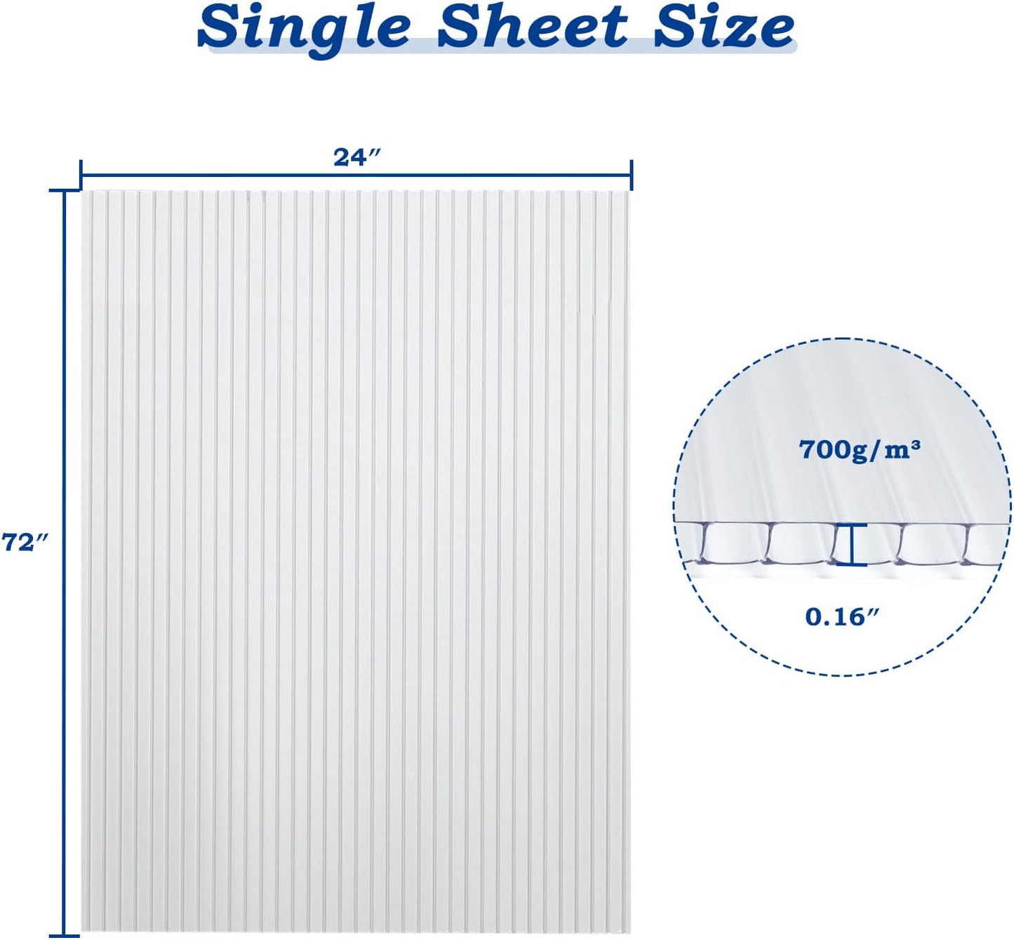 BPS 6Pcs 24"(W) x72(L)×0.16" Polycarbonate Panels, Waterproof UV Protected Reinforced Sheets, Outdoor Garden and Greenhouse Covering, Twin-Wall Clear Sheets