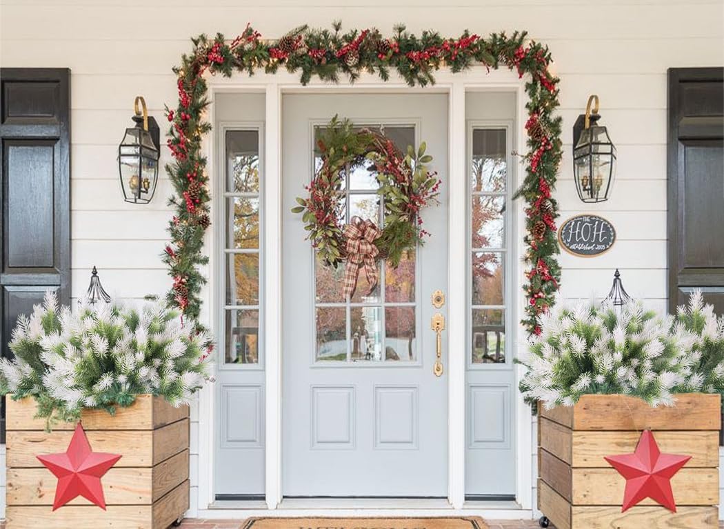 RECUTMS 1.22ft Greenery Artificial Pine Branches Tree Leaves Faux Stems Outdoor Plastic Plants No Fade UV Resistant Decor for Garden Porch Table Home Window (White)