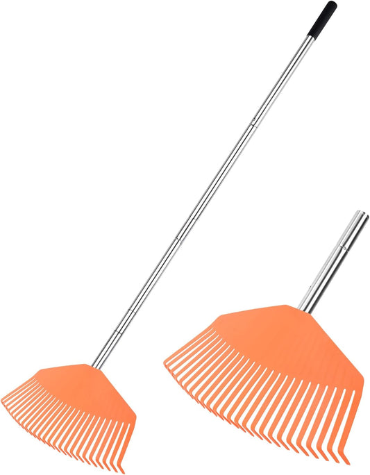 Leaf Rake16.5 Wide Adjustable Handle Leaf Rake - Plastic Head, Lightweight, Soft & Lawn-Friendly - Ideal for Women & Kids - Orange