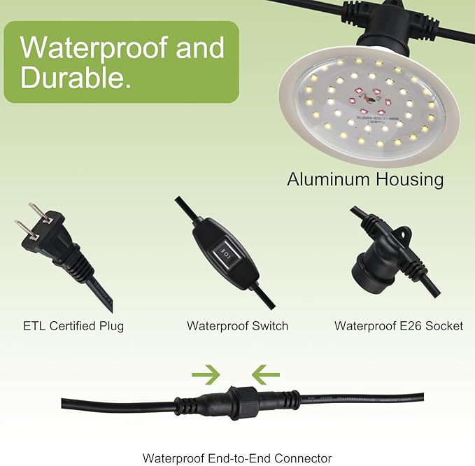 Outdoor Grow Lights for Plants, Full Spectrum Greenhouse Grow Light, Waterproof String Grow Light, 42FT Adjustable Cord, for Vegetables, Seedlings, Flowers (12 Lights)