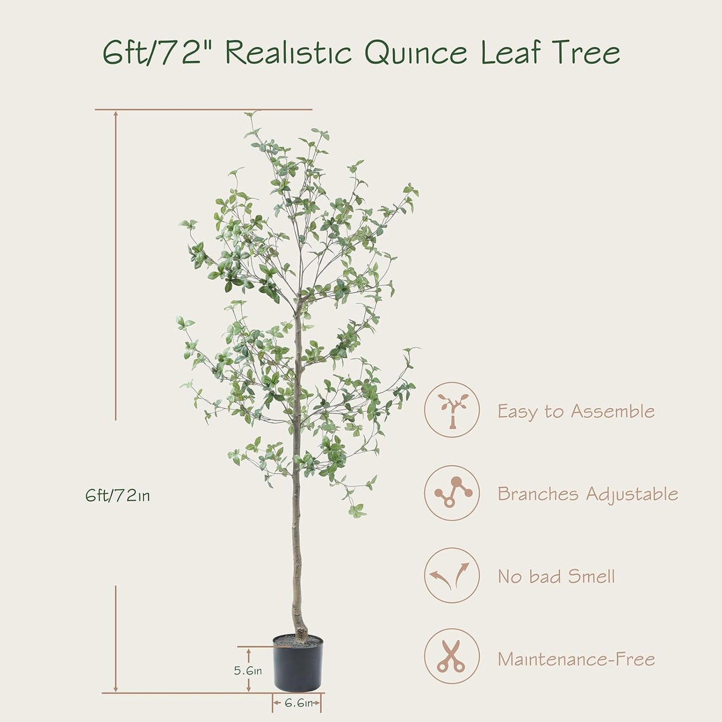 Bellacat 6ft Faux Quince Leaf Tree with Lifelike Leaves & Realistic Trunks, 72in Artificial Quince Leaf Tree for Garden, Home, Office, Porch, Balcony,Living Room Decor.