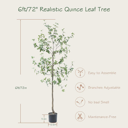 Bellacat 6ft Faux Quince Leaf Tree with Lifelike Leaves & Realistic Trunks, 72in Artificial Quince Leaf Tree for Garden, Home, Office, Porch, Balcony,Living Room Decor.