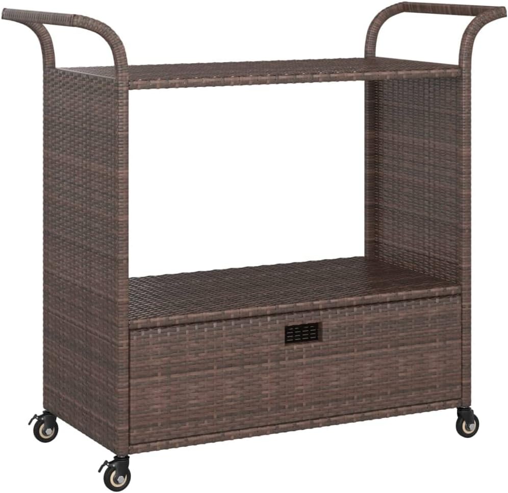 Outdoor Rolling Wicker Bar Cart with Drawer, Portable Bar Cart with Wheels, Patio Kitchen Island Cart for Pool Deck Backyard, Brown 39.4"x17.7"x38.2" Poly Rattan -459
