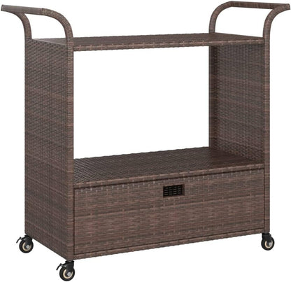 Outdoor Rolling Wicker Bar Cart with Drawer, Portable Bar Cart with Wheels, Patio Kitchen Island Cart for Pool Deck Backyard, Brown 39.4"x17.7"x38.2" Poly Rattan -459