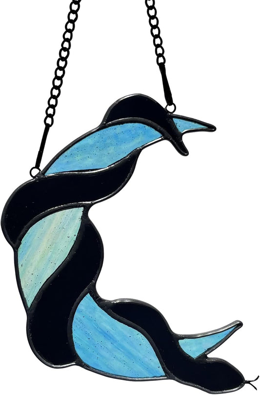 Stained Glass Black Snake on Moon Decor Window Hangings Ornament, Gothic Snake Suncatcher Halloween