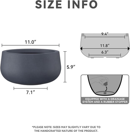 Kante 15.7" Dia Round Concrete Planter, Cement Plant Pots with Drainage Hole and Rubber Plug for Outdoor Indoor Garden Home, Modern Curvaceous Design, Dark Gray