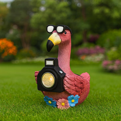 Solar Flamingo Garden Statue with Camera Light – 5.5in Tall Solar Powered Outdoor Figurine for Yard, Patio, Balcony – Funny Garden Decor, Gift for Women (Flamingo)