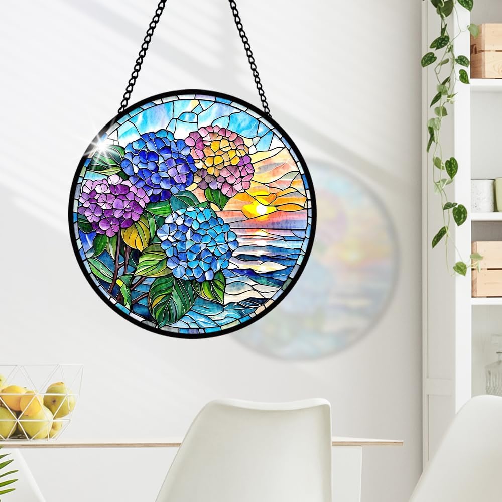 Floral Stained Glass Window Hanging, Flower Suncatcher Window Hanging Ornament, Diamond Glass Ornament Decor, Botanical Glass Panel, Home Decoration Gifts for Housewarming, Wedding, Birthday Parties